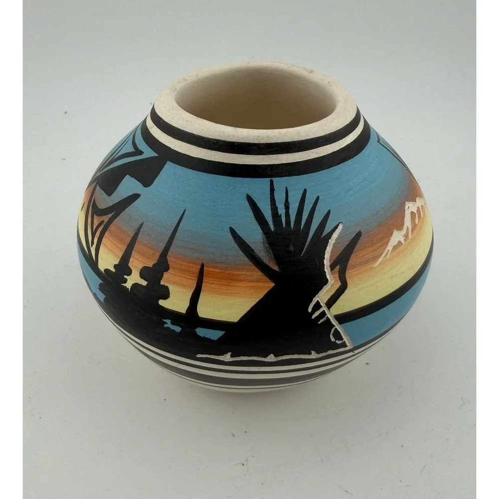 Southwestern Style Ceramic Pot Hand Painted Desert Scene‎ Bird Motif Signed